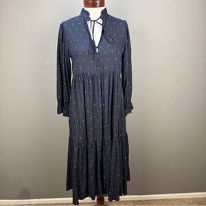 AG Adriano Goldschmied Celeste Navy Blue  tiered Polka Dot midi dress Sz XS